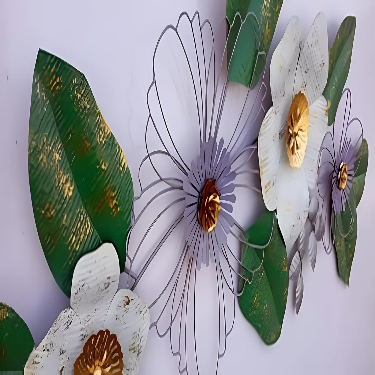 Large Metal White Flower with Green Leaf Wall Art - ArtyCraftz