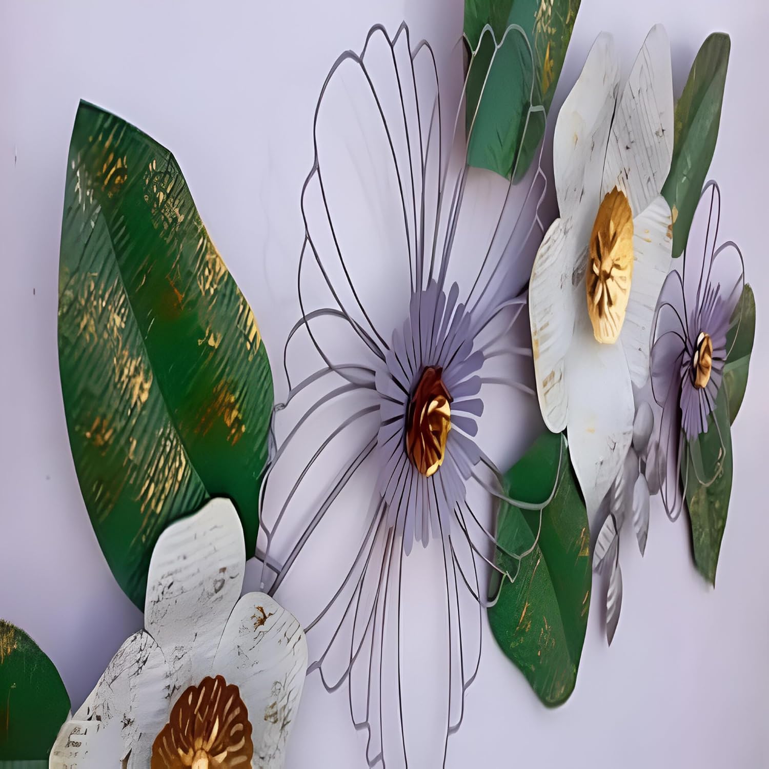 Large Metal White Flower with Green Leaf Wall Art - ArtyCraftz