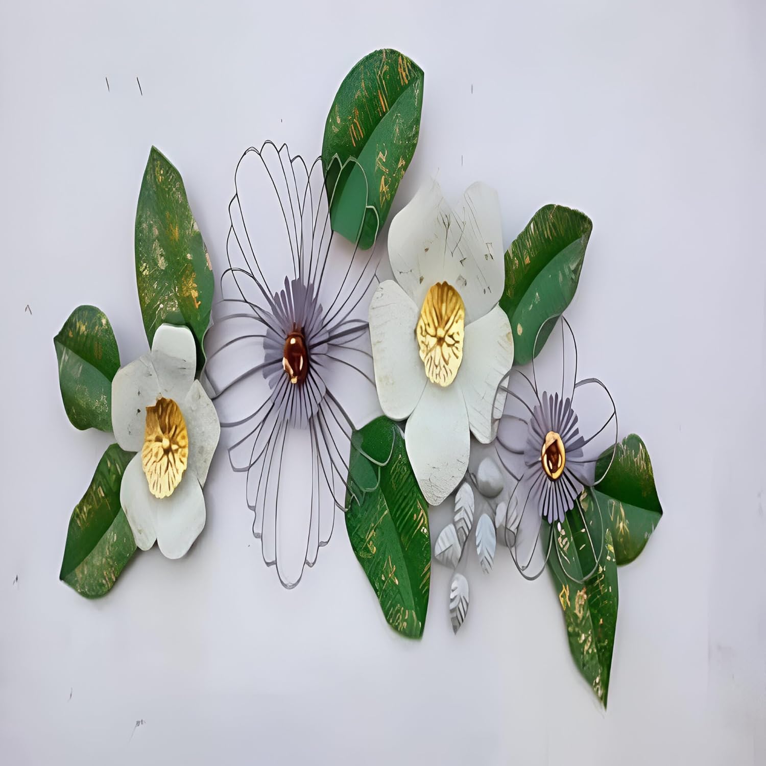 Large Metal White Flower with Green Leaf Wall Art - ArtyCraftz