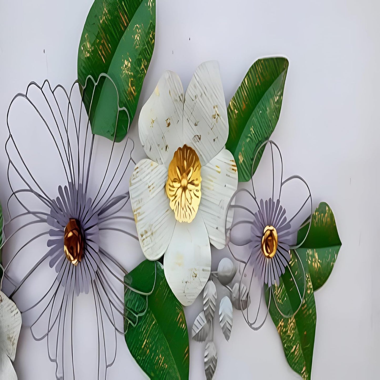 Large Metal White Flower with Green Leaf Wall Art - ArtyCraftz