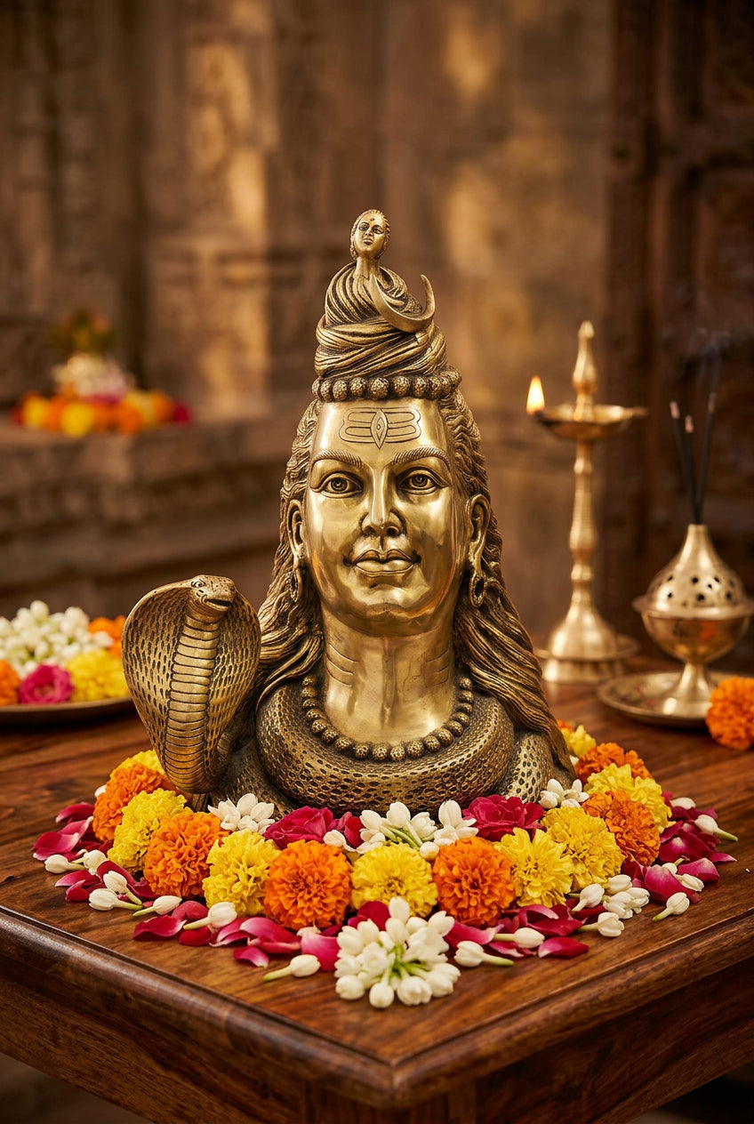Large golden-tone Lord Shiva bust with a serpent around the neck and crescent moon ornament-artycraftz.com