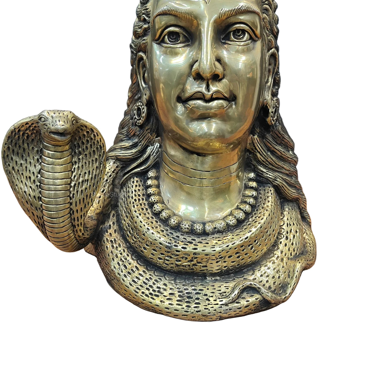 Large golden-tone Lord Shiva bust with a serpent around the neck and crescent moon ornament-artycraftz.com