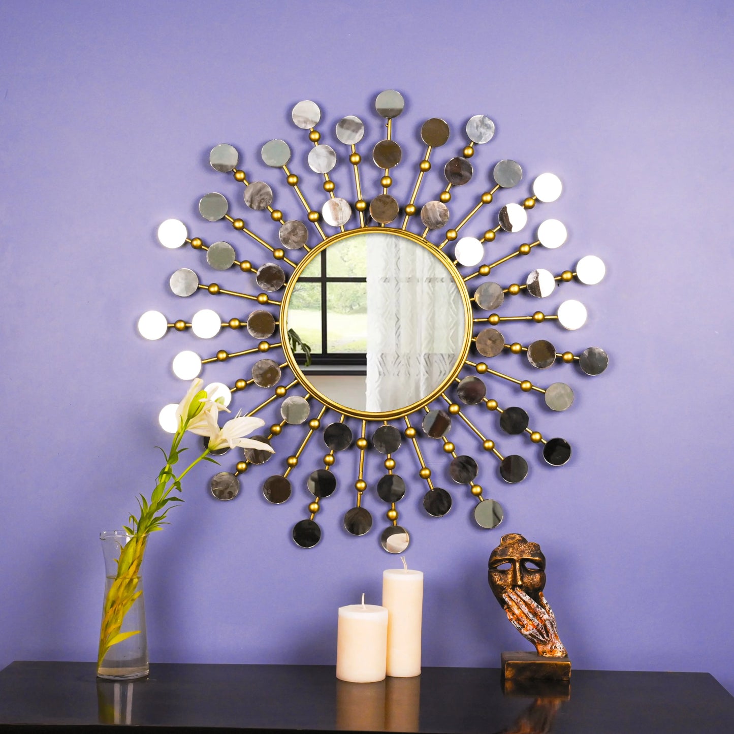 Embellished Edgy Golden Round Mirror Wall Decor