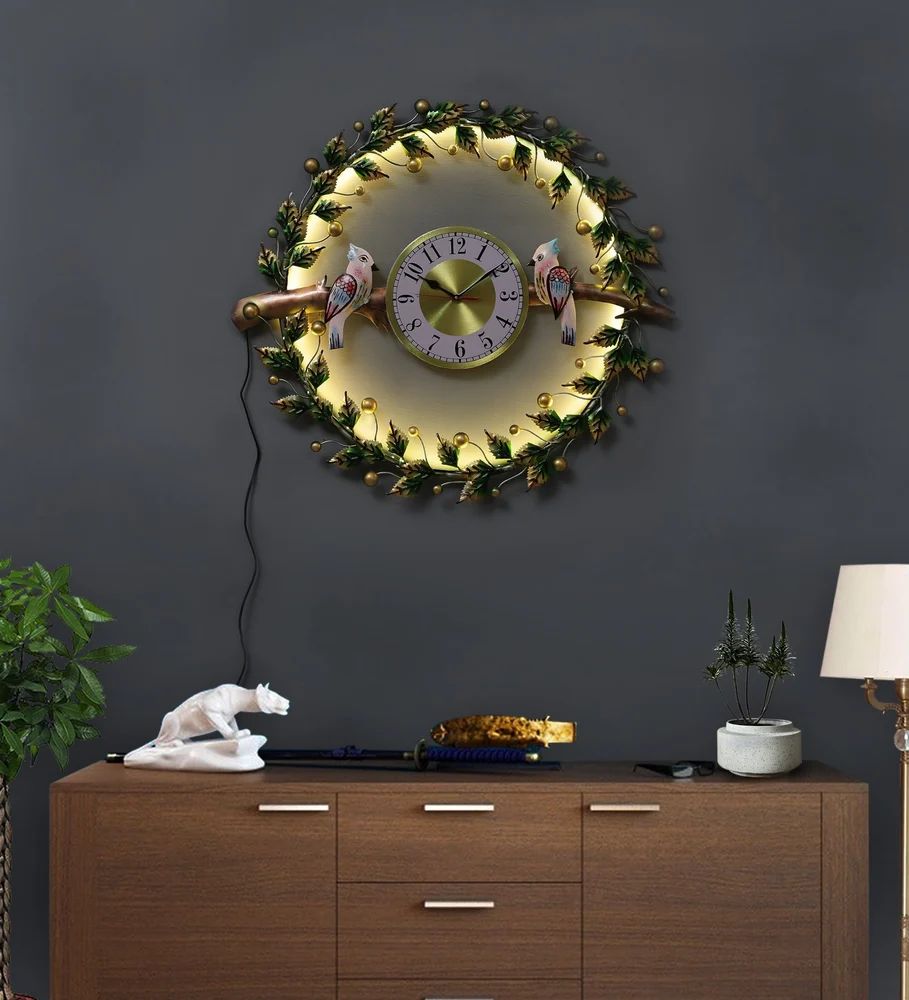 Metal Birds and Leaves LED Wall Art Clock - ArtyCraftz