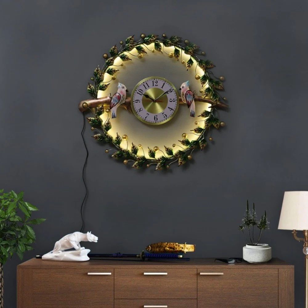 Metal Birds and Leaves LED Wall Art Clock - ArtyCraftz
