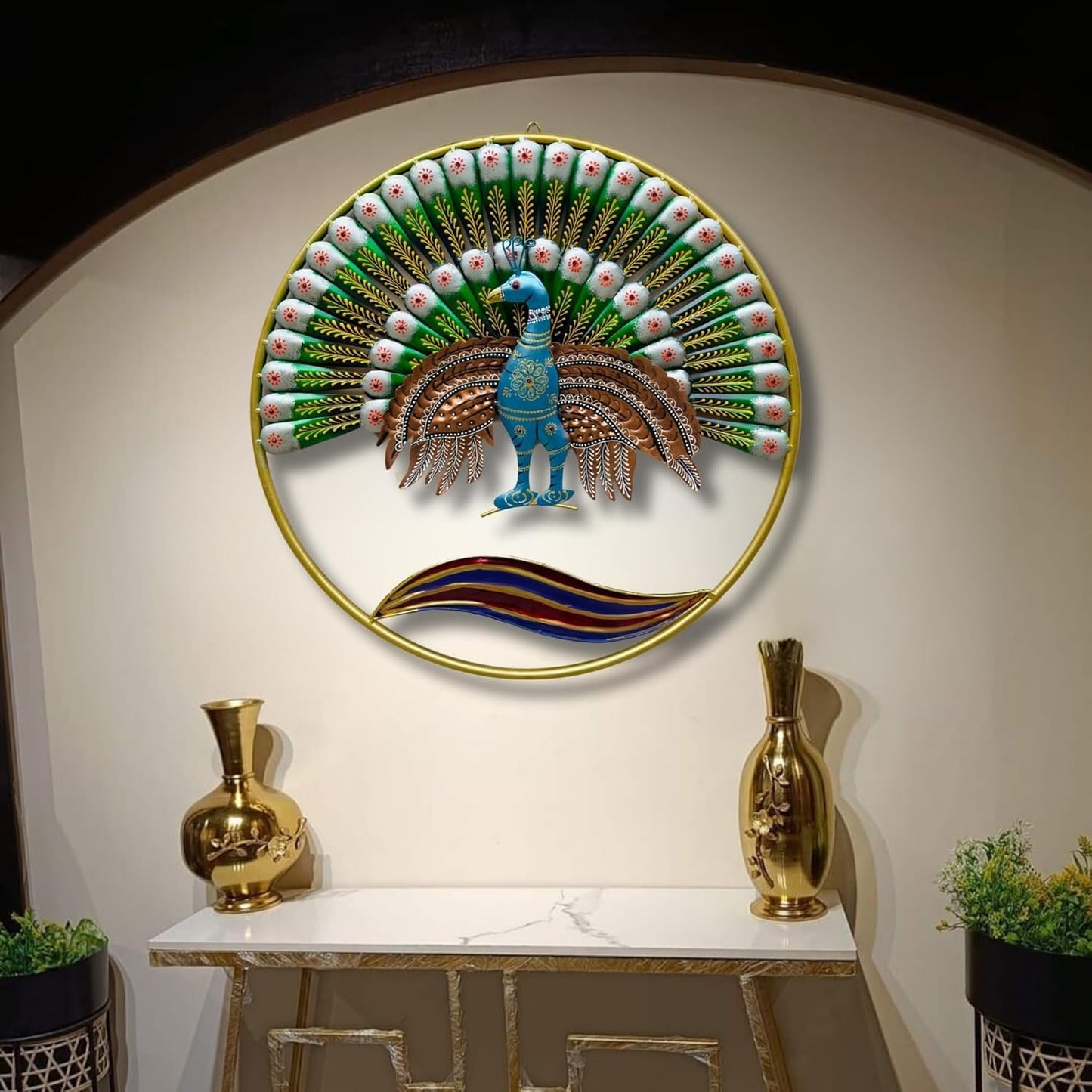 Metal Multicolor Peacock with Plumage Wall Art - ArtyCraftz