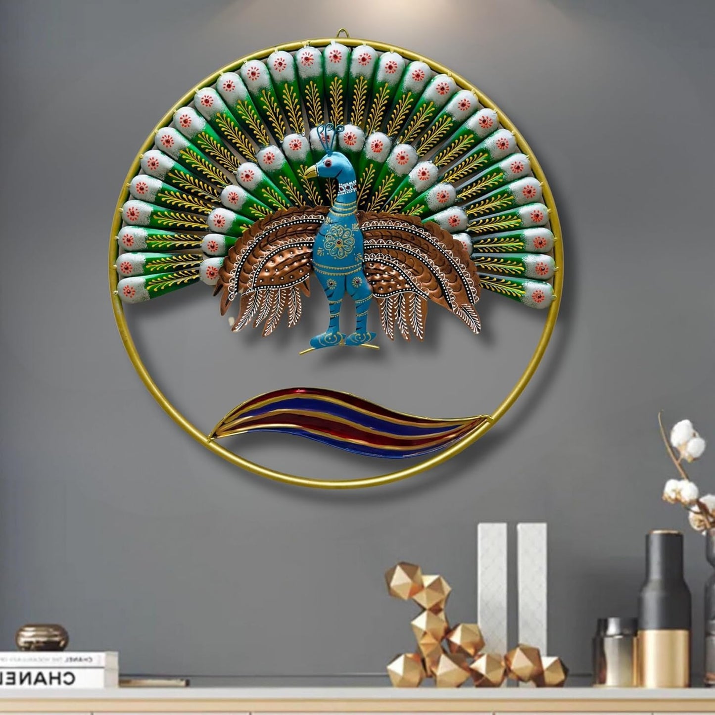 Metal Multicolor Peacock with Plumage Wall Art - ArtyCraftz
