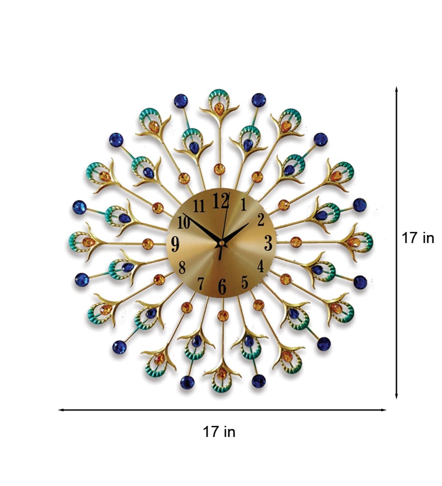 Metal Peacock Gem Stone Feather Wall Clock