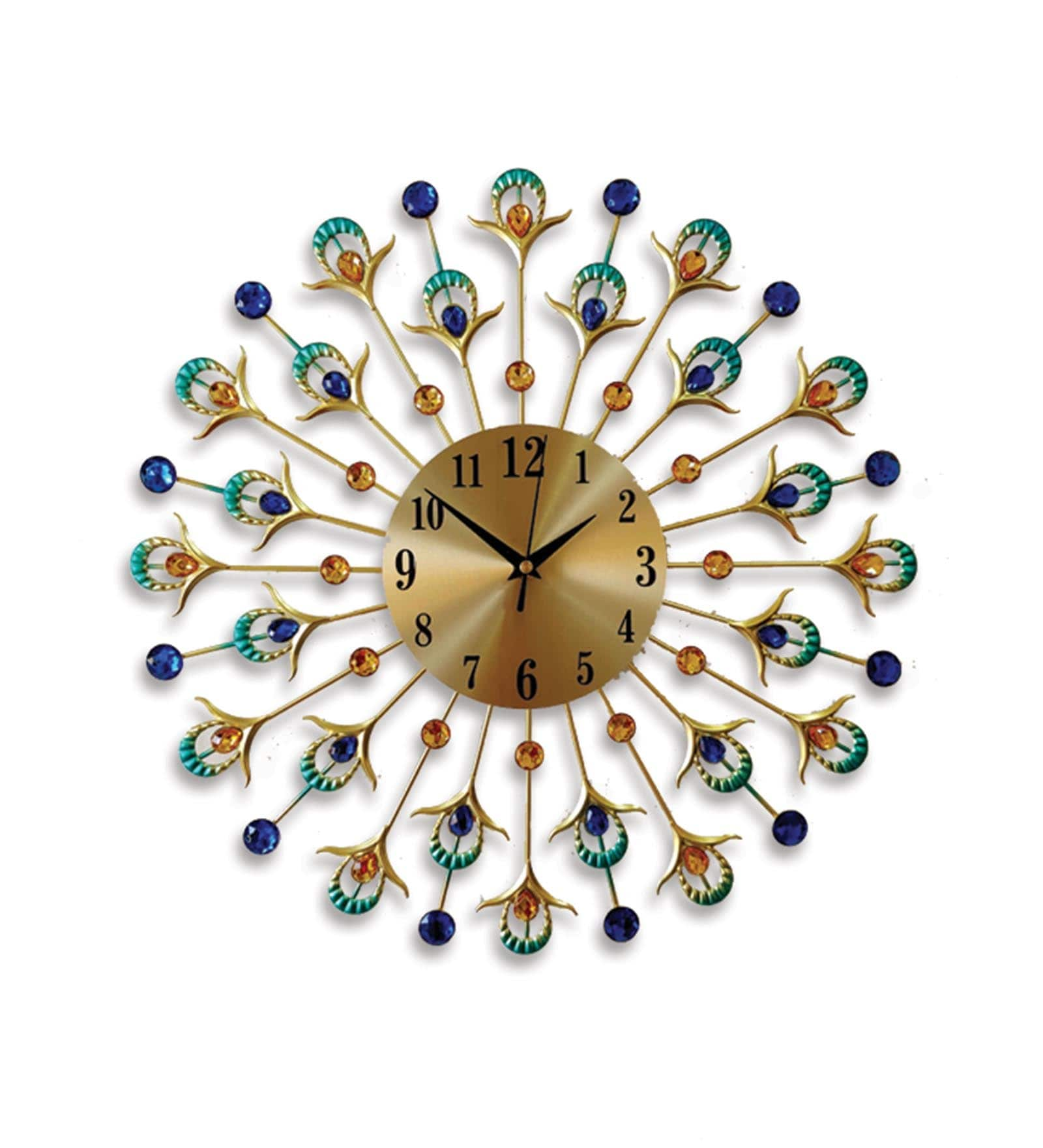 Metal Peacock Gem Stone Feather Wall Clock