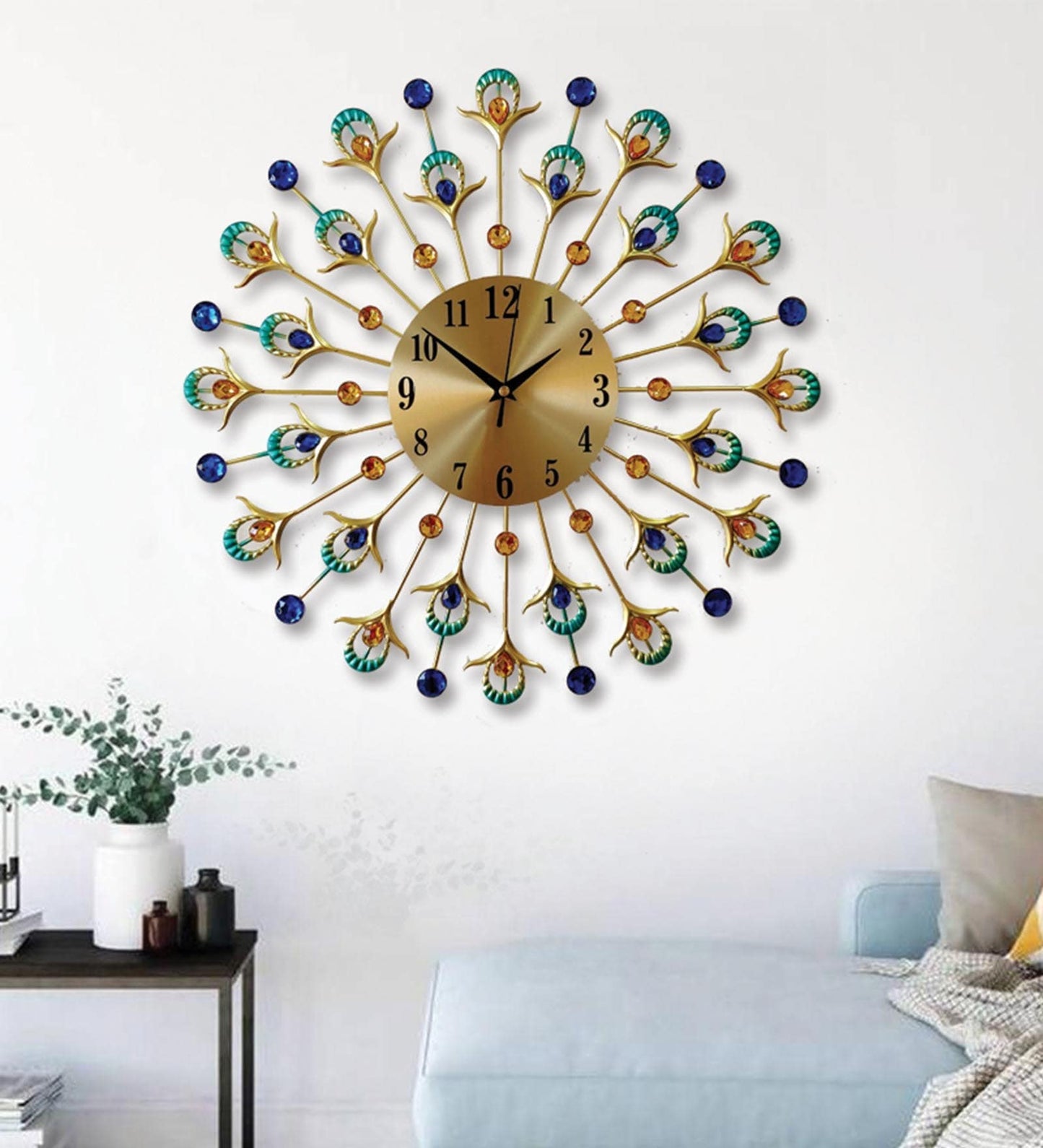 Metal Peacock Gem Stone Feather Wall Clock