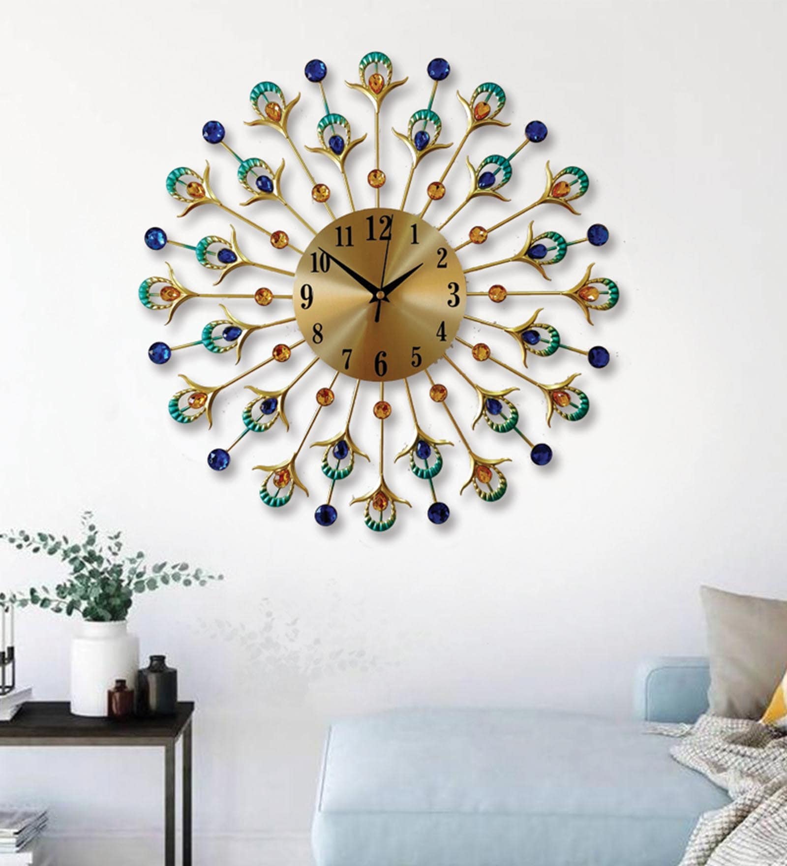 Metal Peacock Gem Stone Feather Wall Clock