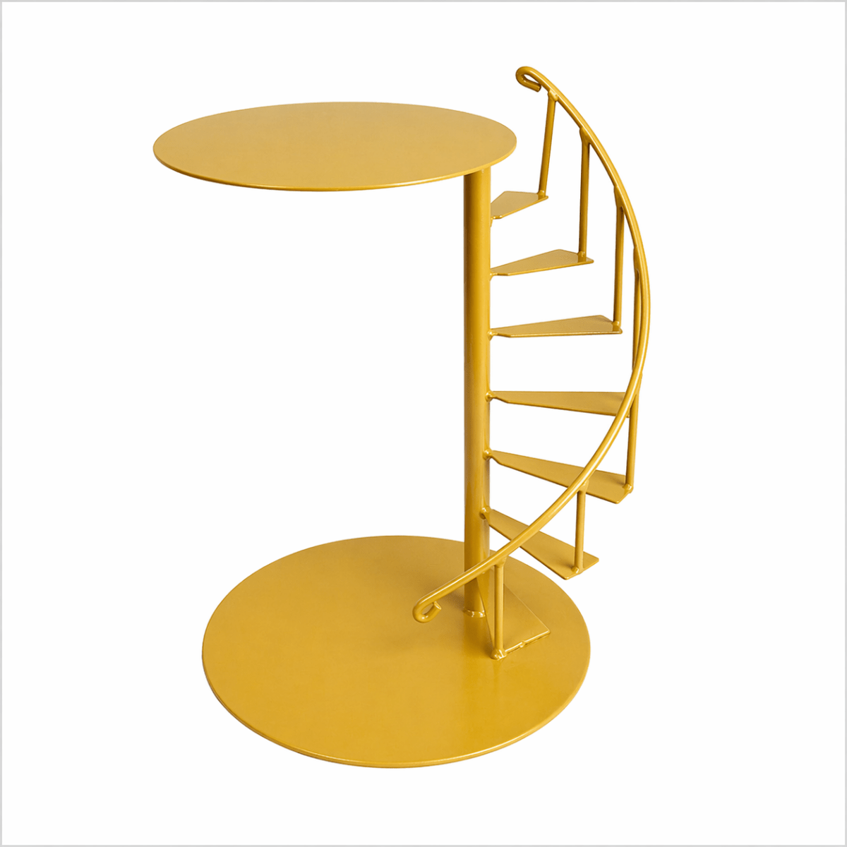 Yellow spiral staircase with a round platform on a white background