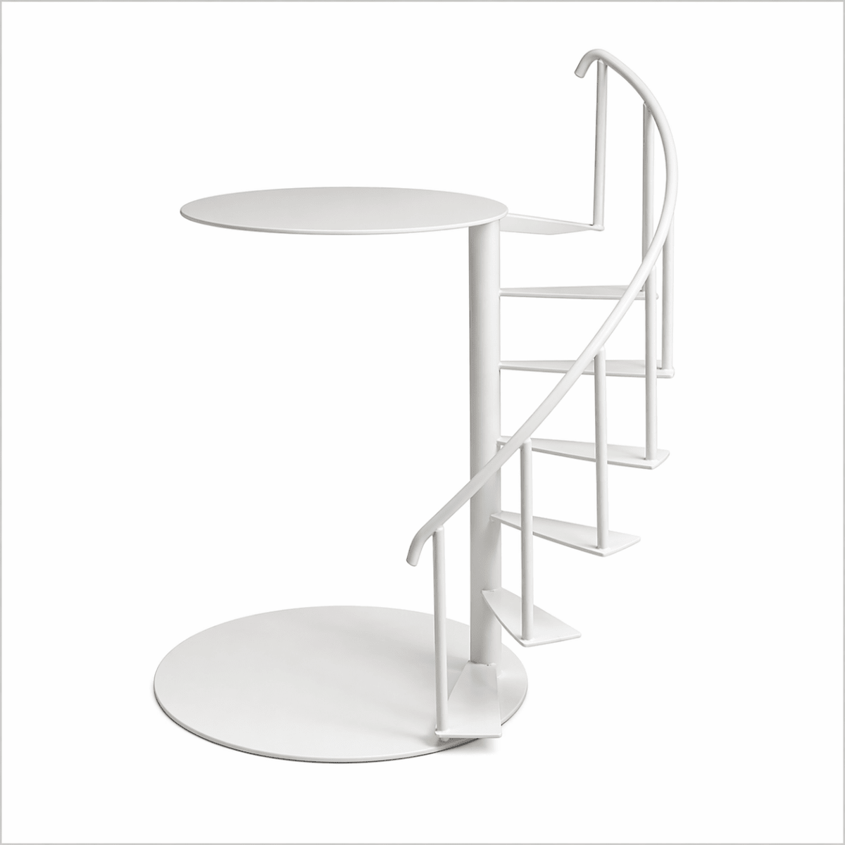 White spiral staircase with a round platform on a white background
