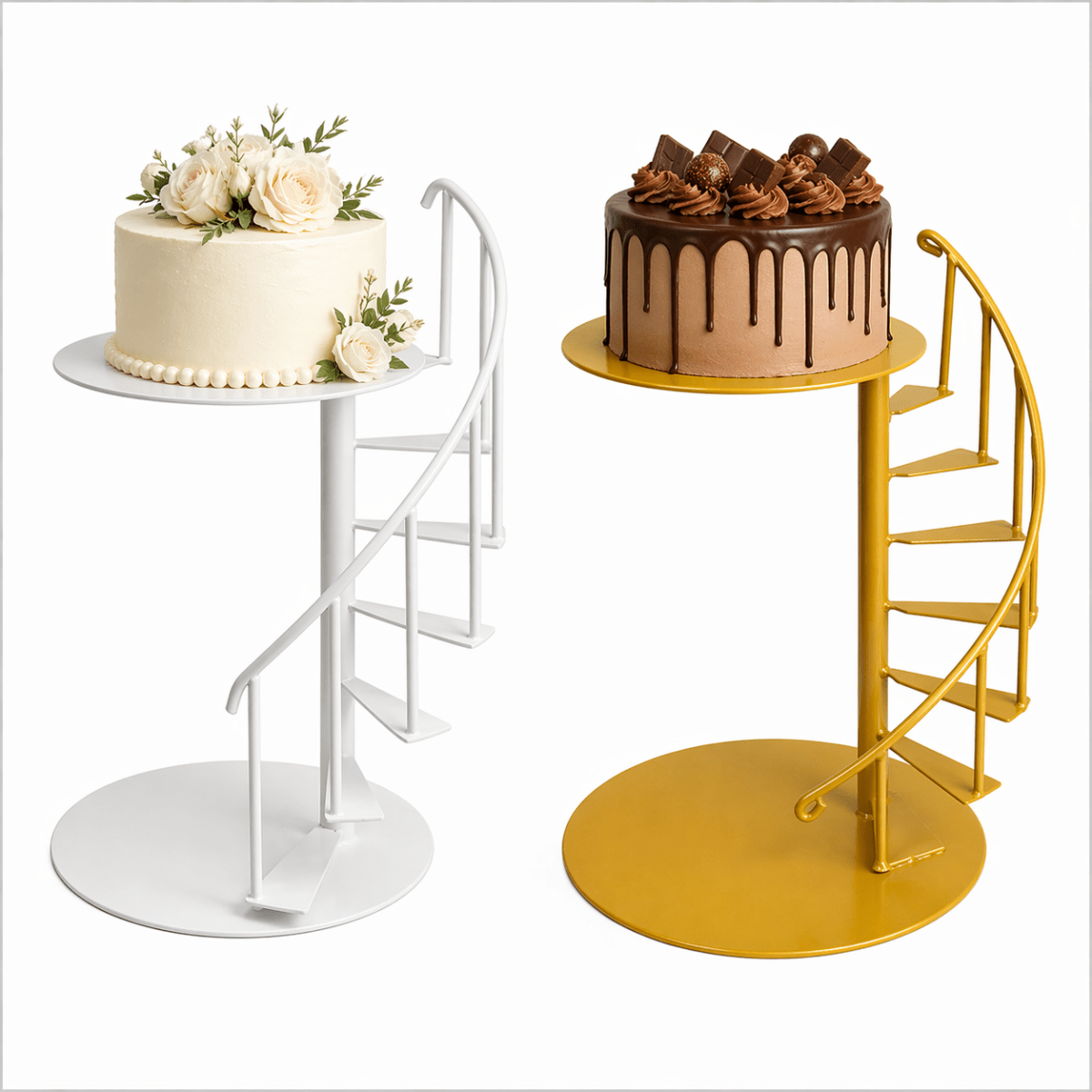 Two cake stands with cakes on a white background