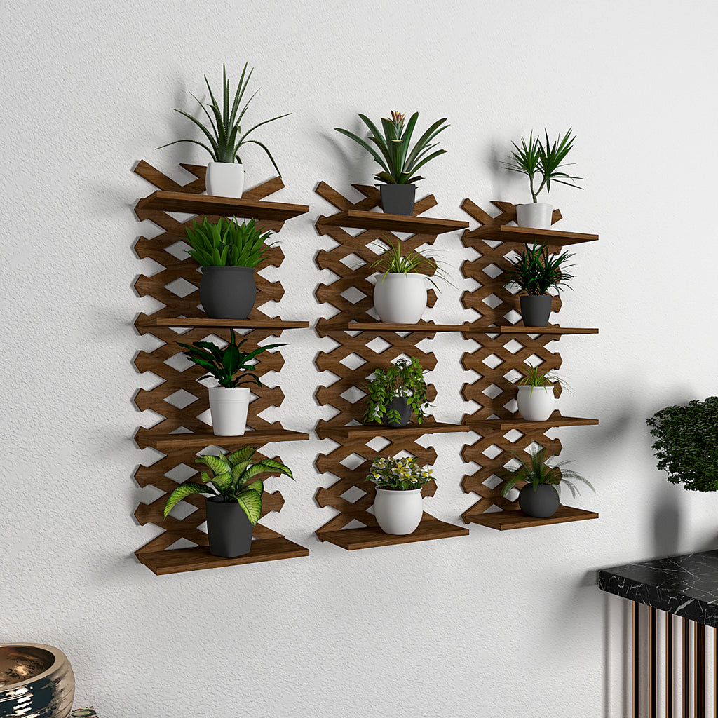 Modern Criss Cross Designer Dark Walnut Planter Shelves Set Of 3