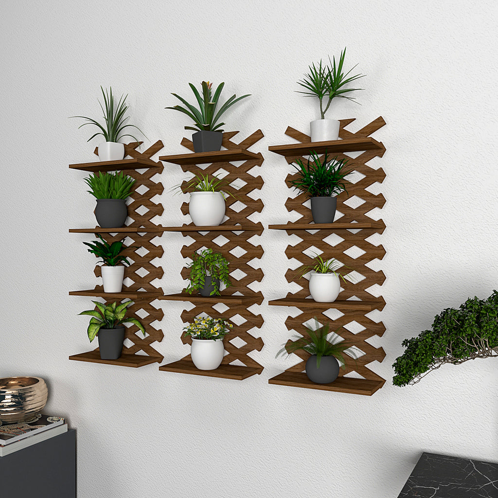 Modern Criss Cross Designer Dark Walnut Planter Shelves Set Of 3