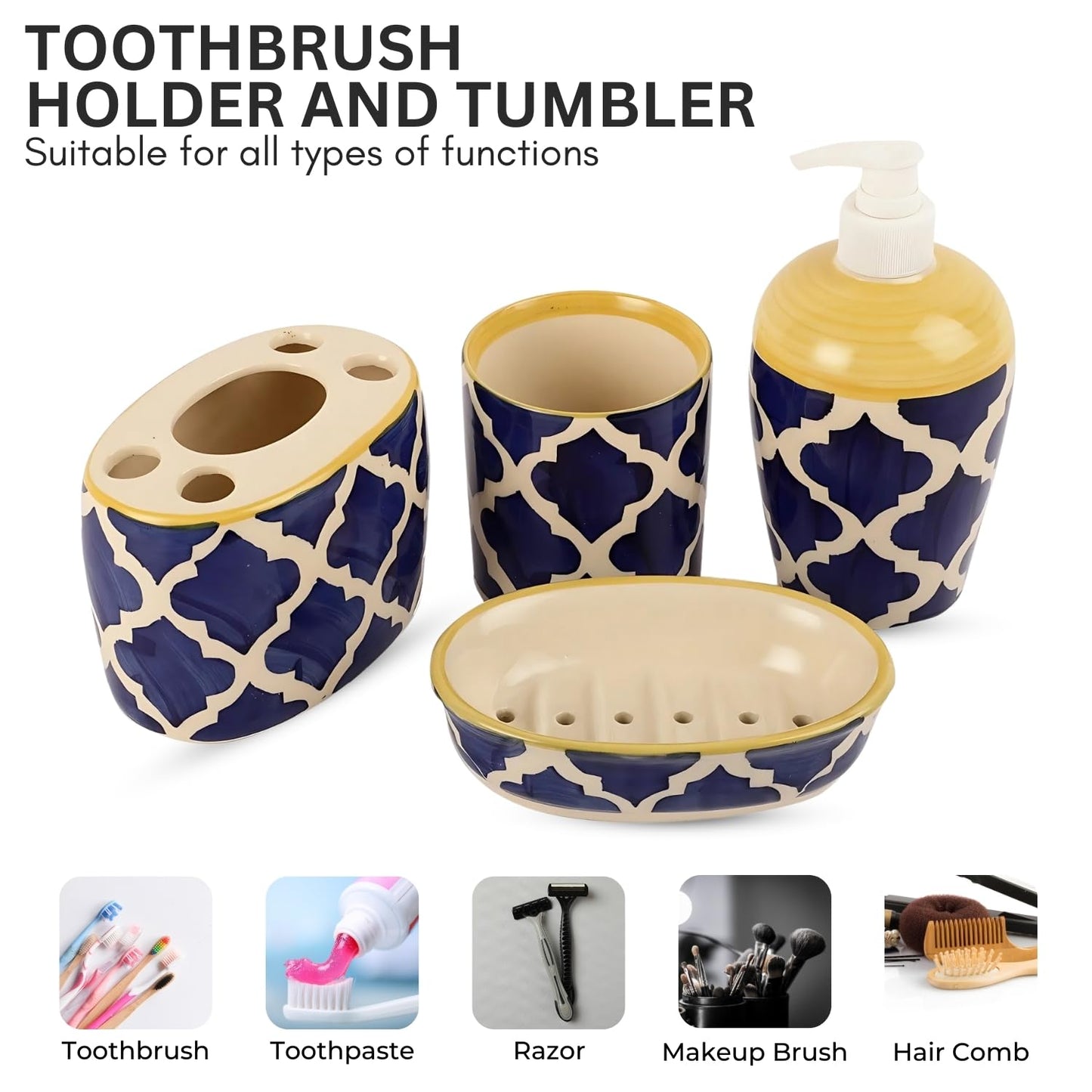 Moroccan Blue Ceramic 4 Piece Bathroom Accessories Set - ArtyCraftz