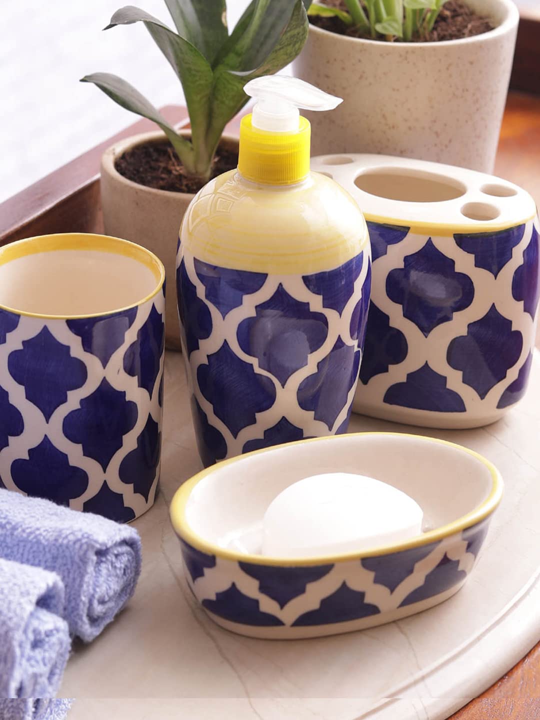 Moroccan Blue Ceramic 4 Piece Bathroom Accessories Set - ArtyCraftz