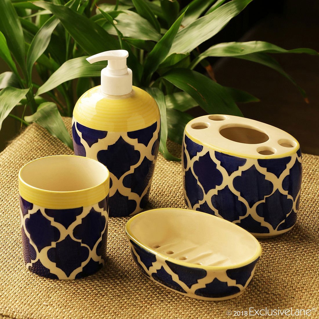 Moroccan Blue Ceramic 4 Piece Bathroom Accessories Set - ArtyCraftz