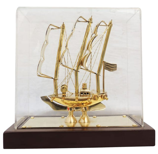 Luxury Brass Ship Showpiece in Acrylic Case-ArtyCraftz.com