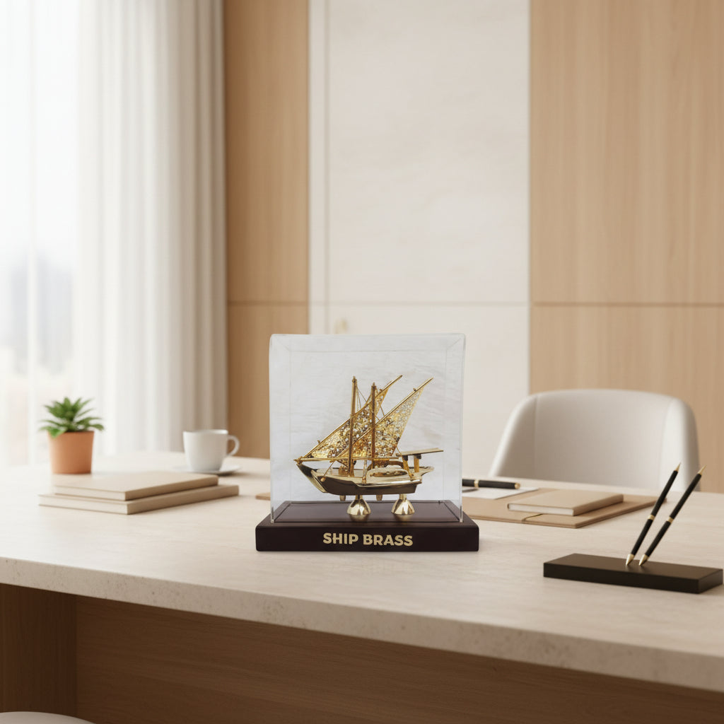 Brass Ship Showpiece in Acrylic Case-ArtyCraftz.com