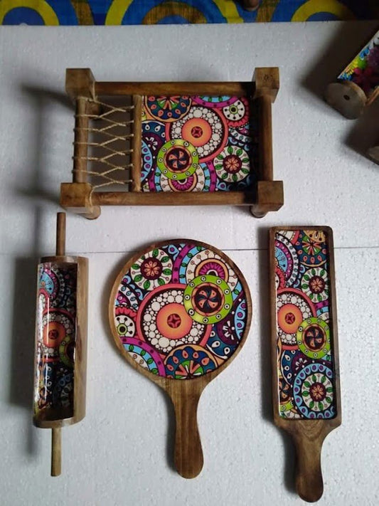 Multicolor Wooden Khatiya Pizza Starter Serving Platter Tray - ArtyCraftz