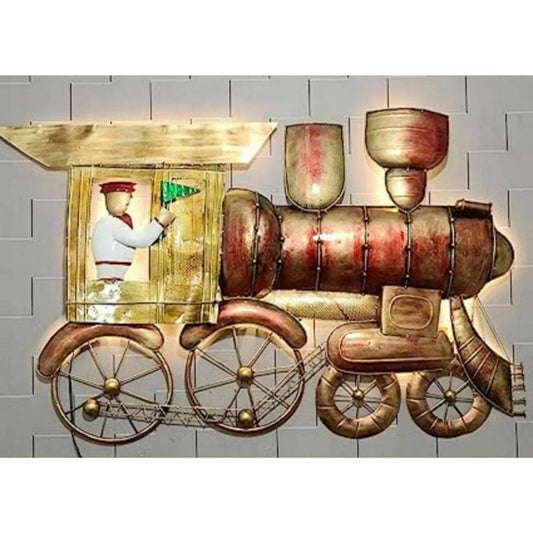 Decorative wall art of a vintage-style cart with wheels and a figure on a tiled wall.
