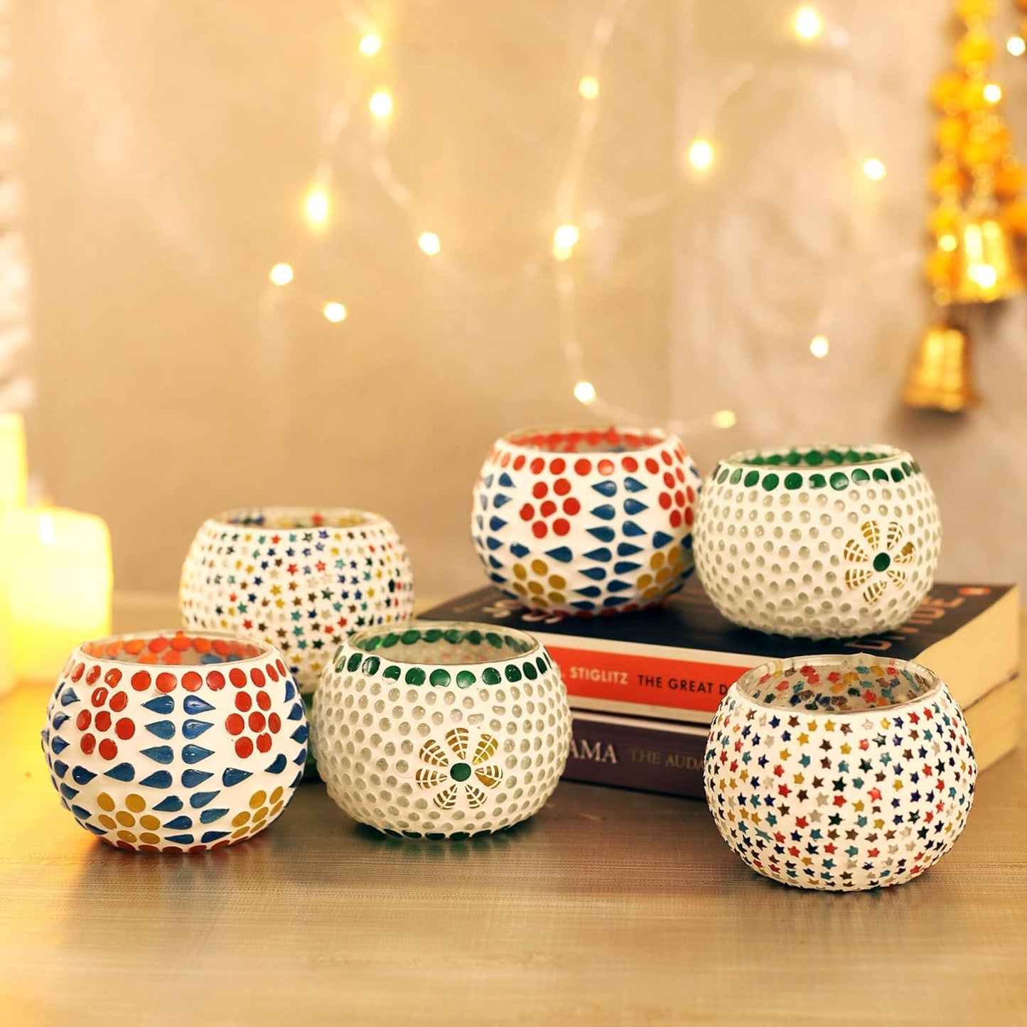 Pack of 6 Mosaic Glass Votive Tealight Candle Holders for Dining Table - Christmas Decorations - ArtyCraftz