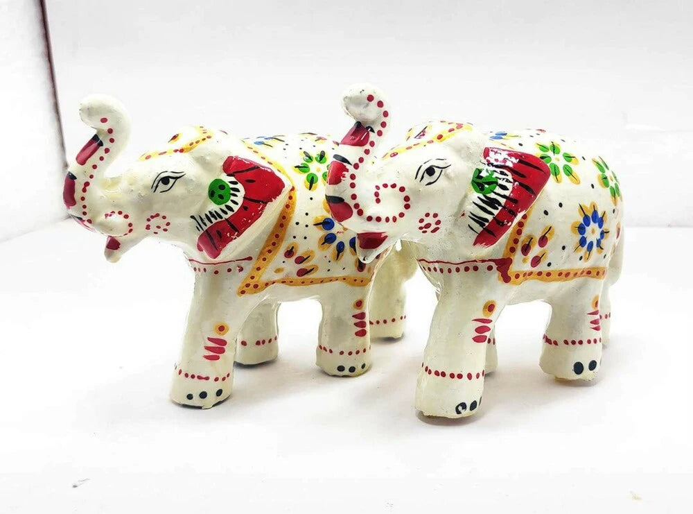 Paper Mache Decorative White Elephants Showpiece Idols Set of 2 - ArtyCraftz.com