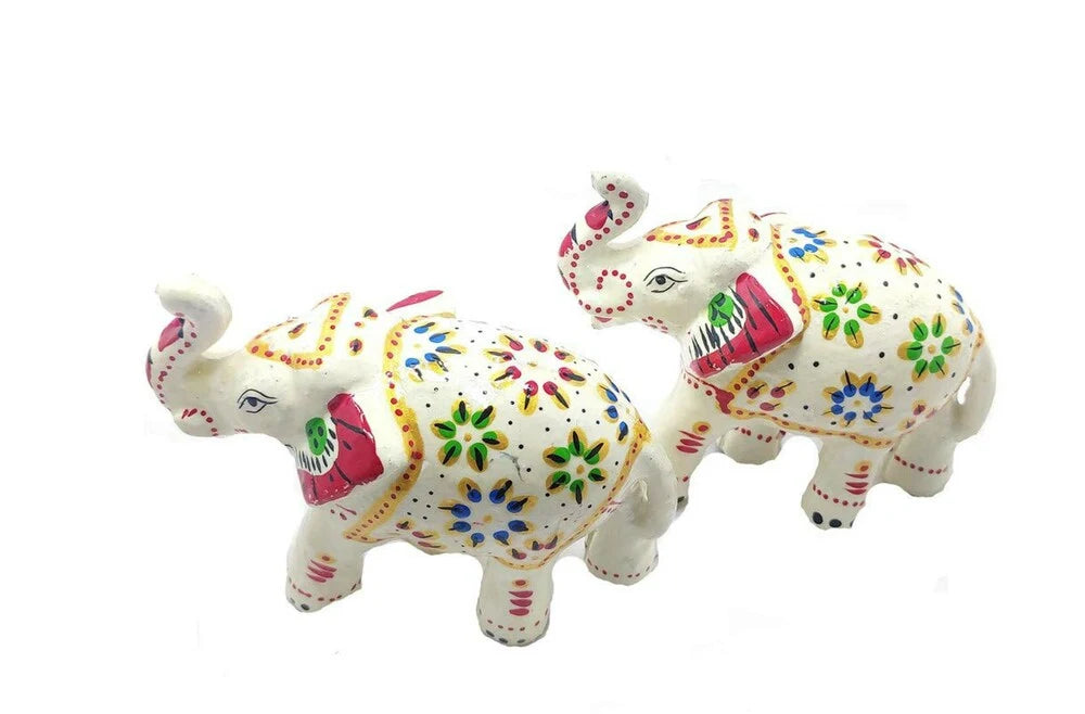 Paper Mache Decorative White Elephants Showpiece Idols Set of 2 - ArtyCraftz.com