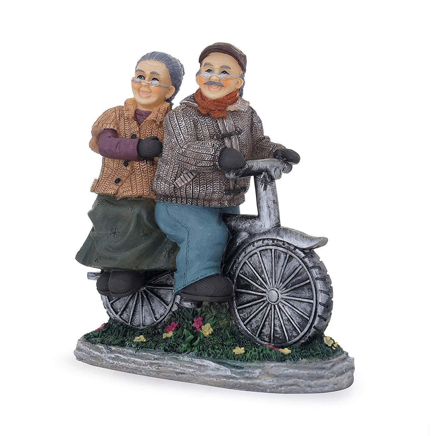 Polyresin Old Couple Riding Cycle Showpiece - ArtyCraftz