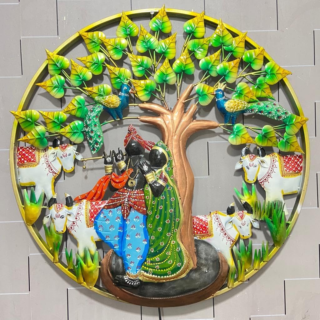 Radha Krishna With Cow Metal Wall Art LED Light - ArtyCraftz