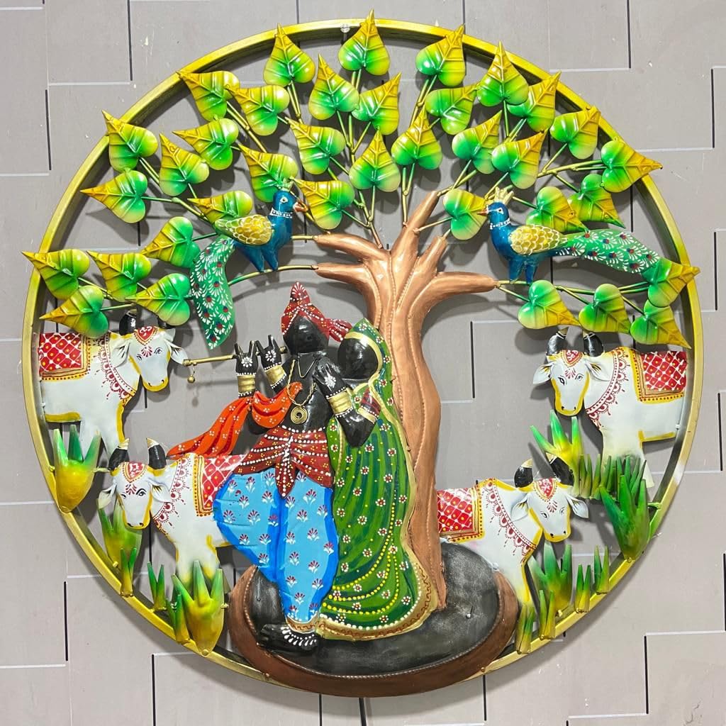Radha Krishna With Cow Metal Wall Art LED Light - ArtyCraftz