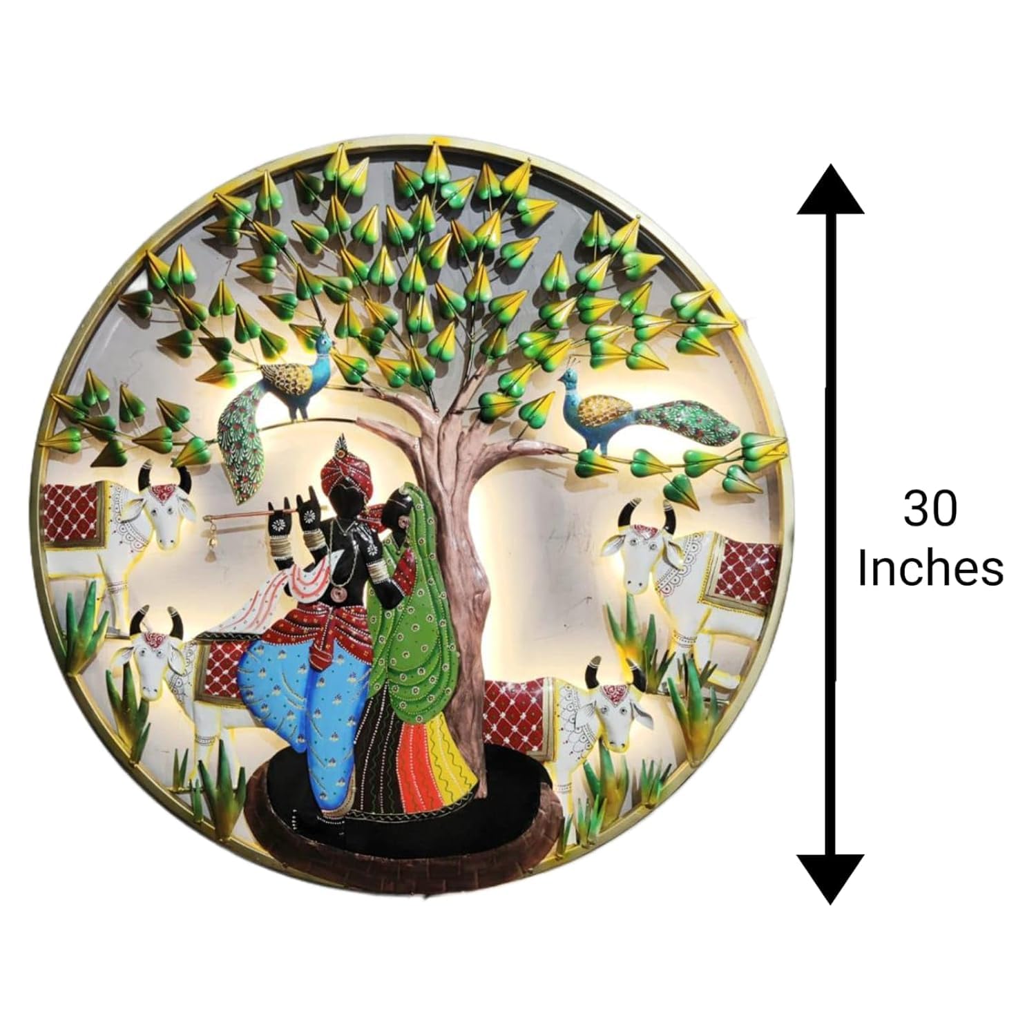 Radha Krishna With Cow Metal Wall Art LED Light - ArtyCraftz