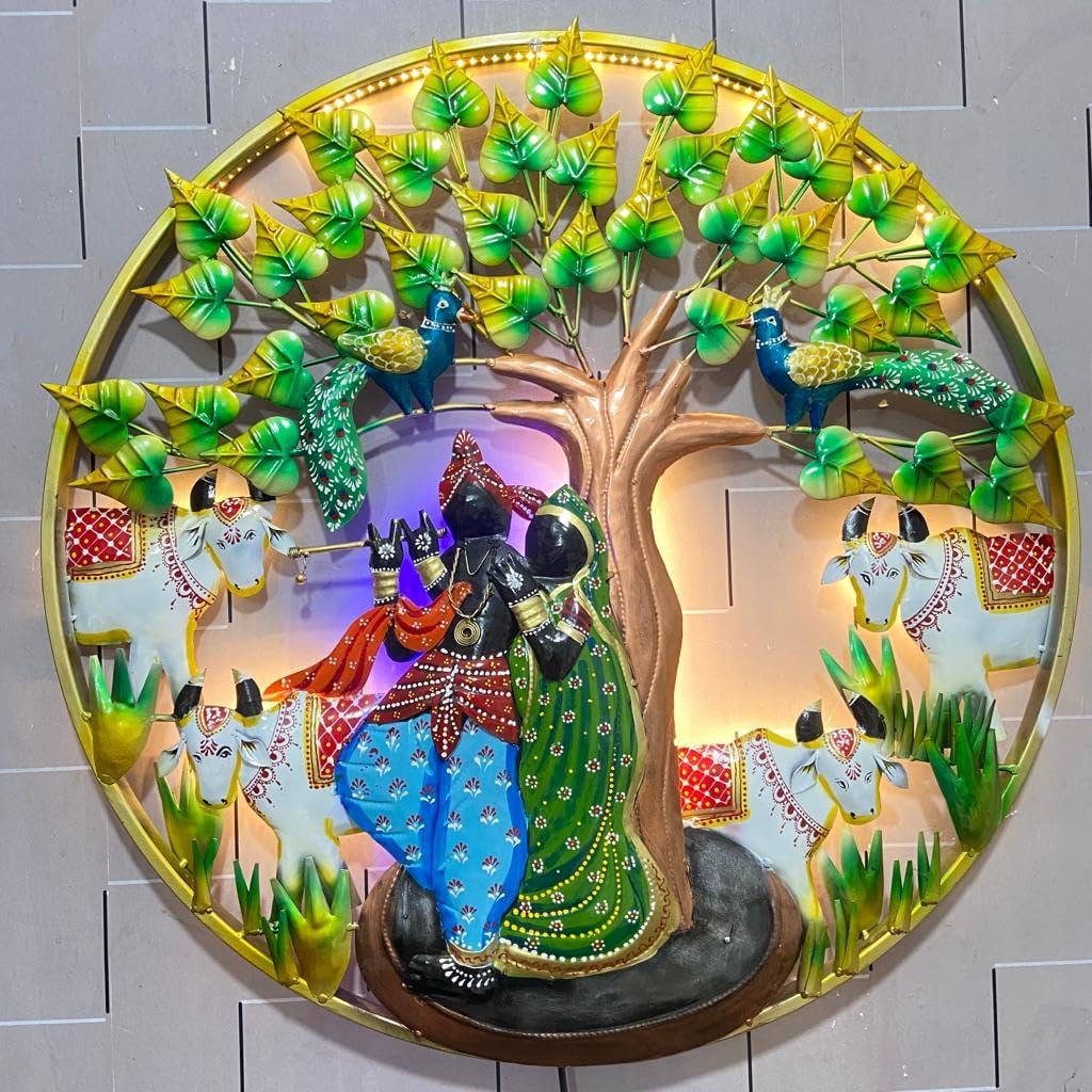 Radha Krishna With Cow Metal Wall Art LED Light - ArtyCraftz
