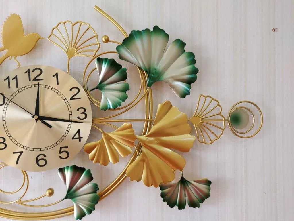 Luxury Floral Metal Wall Clock with Gold & Green Finish-ArtyCraftz.com