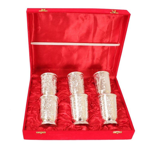 Silver Plated Embossed Design Glass Tumbler set of 6 - ArtyCraftz