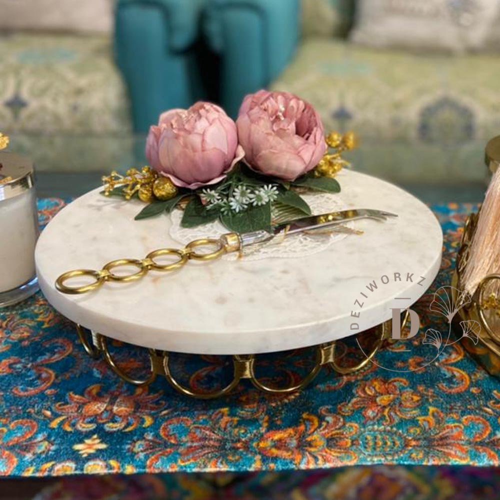 Single Loop Marble Cake Platter with Matching Knife - ArtyCraftz