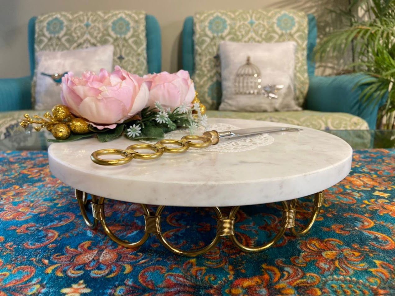 Single Loop Marble Cake Platter with Matching Knife - ArtyCraftz