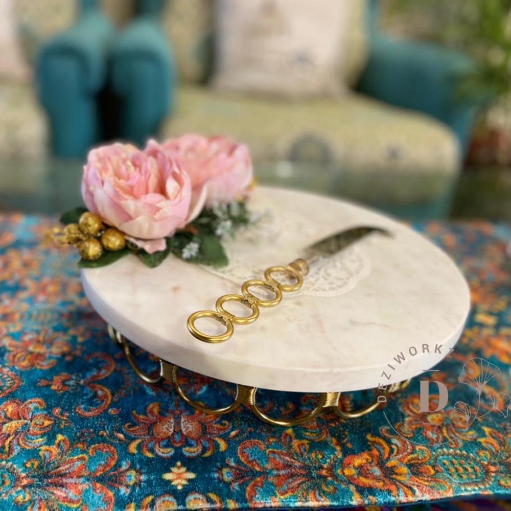 Single Loop Marble Cake Platter with Matching Knife - ArtyCraftz