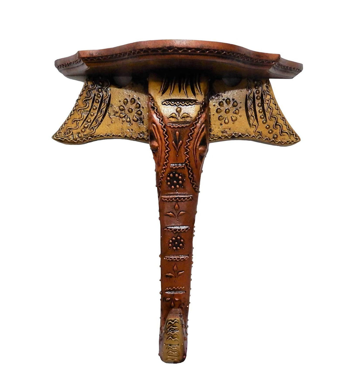 Decorative wall shelf with elephant head design on a white background