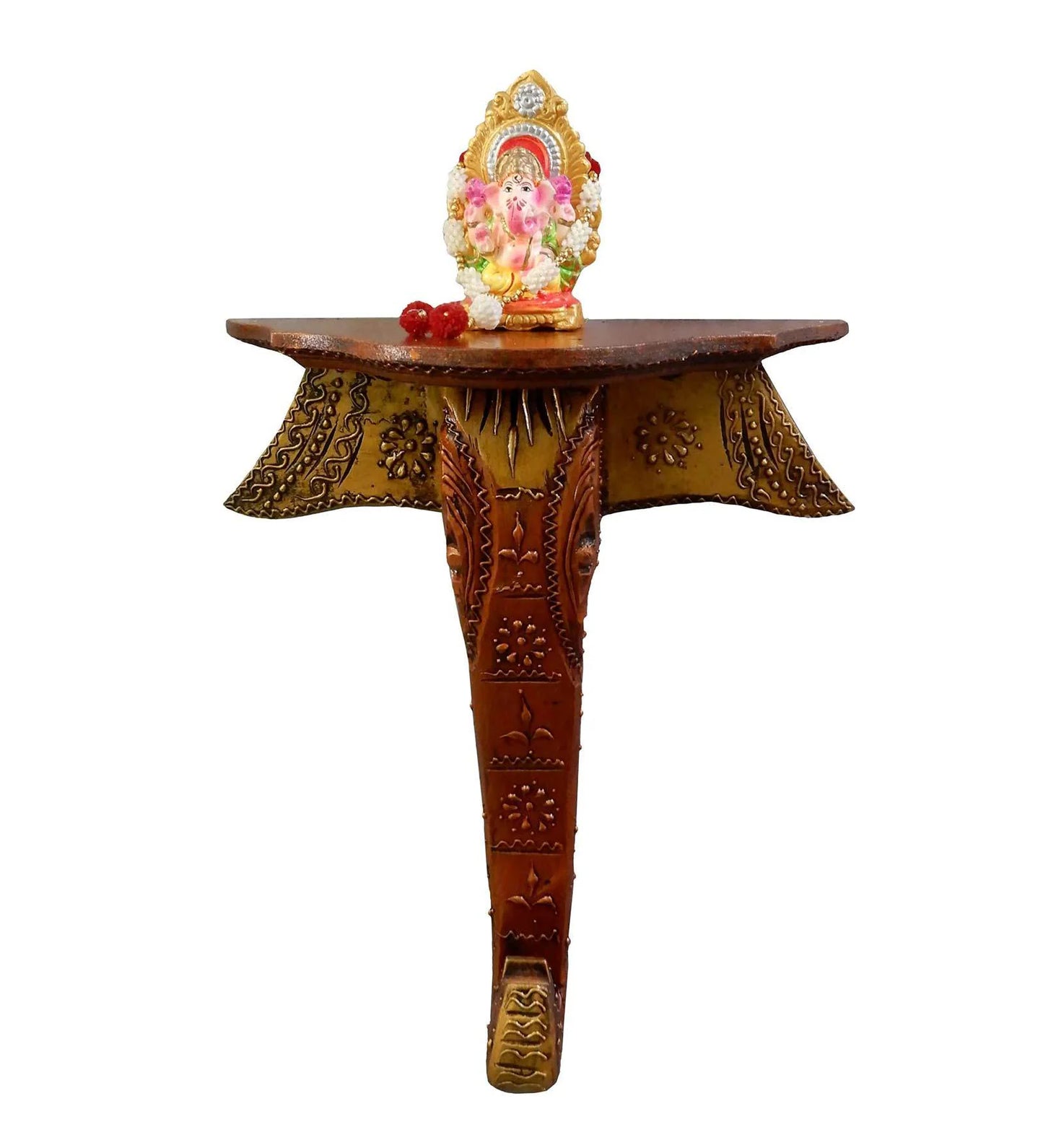 Decorative wooden altar with a small statue on a white background