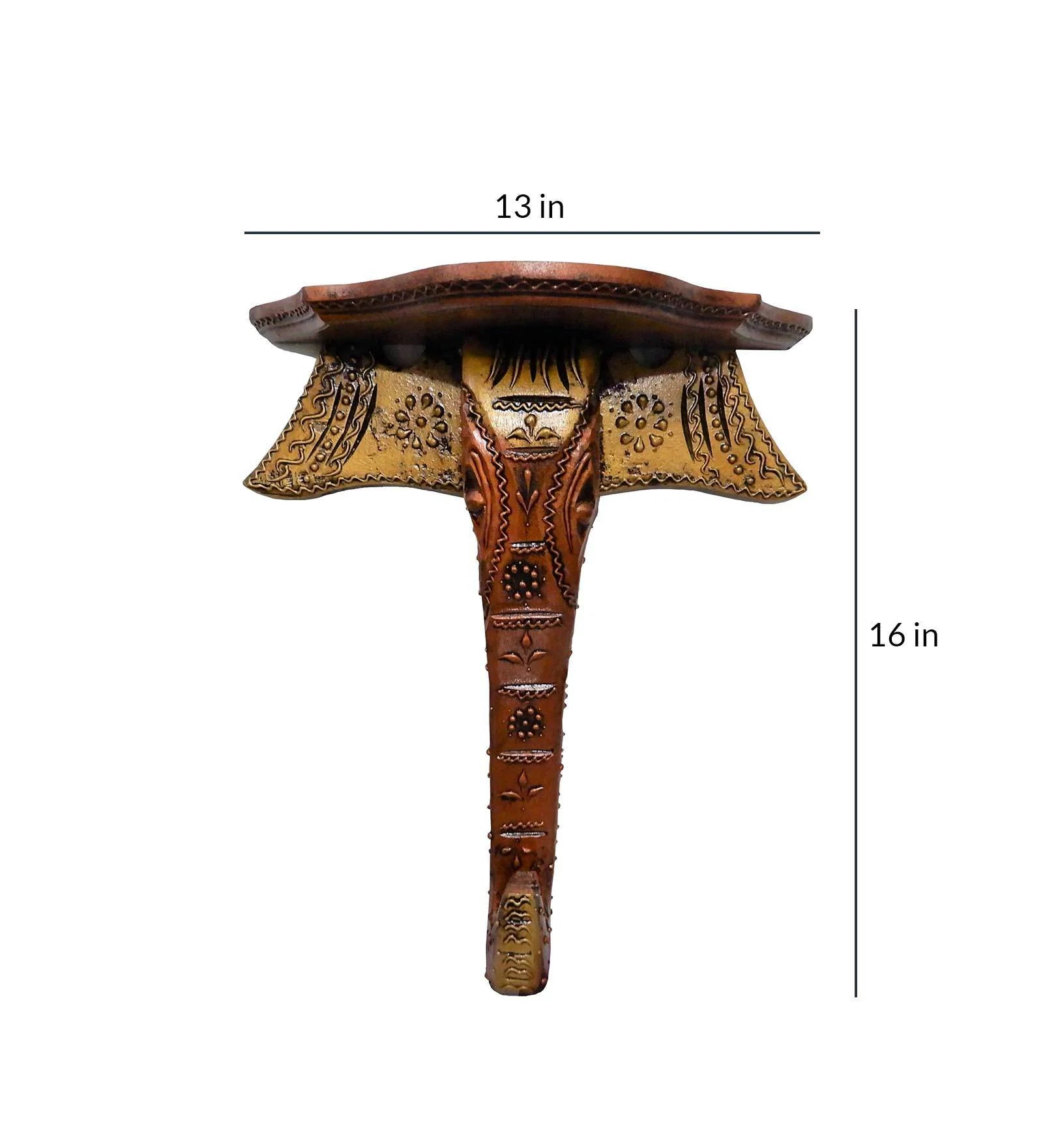Solid Wood Ganesha Floating Pooja Shelf In Brown with Dimension