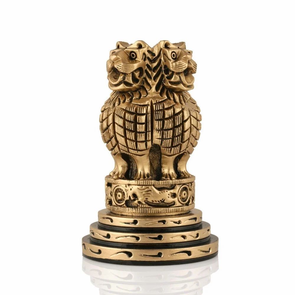 Brass Ashoka Pillar Wooden National Emblem India 6 Inches Height