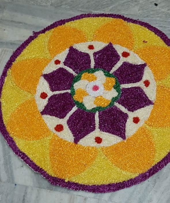Traditional Rangoli Mat Flower Design Mat 3 Feet Yellow Color - ArtyCraftz