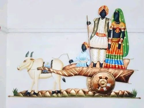 Metal 3 People Bullock Cart Wall Hanging