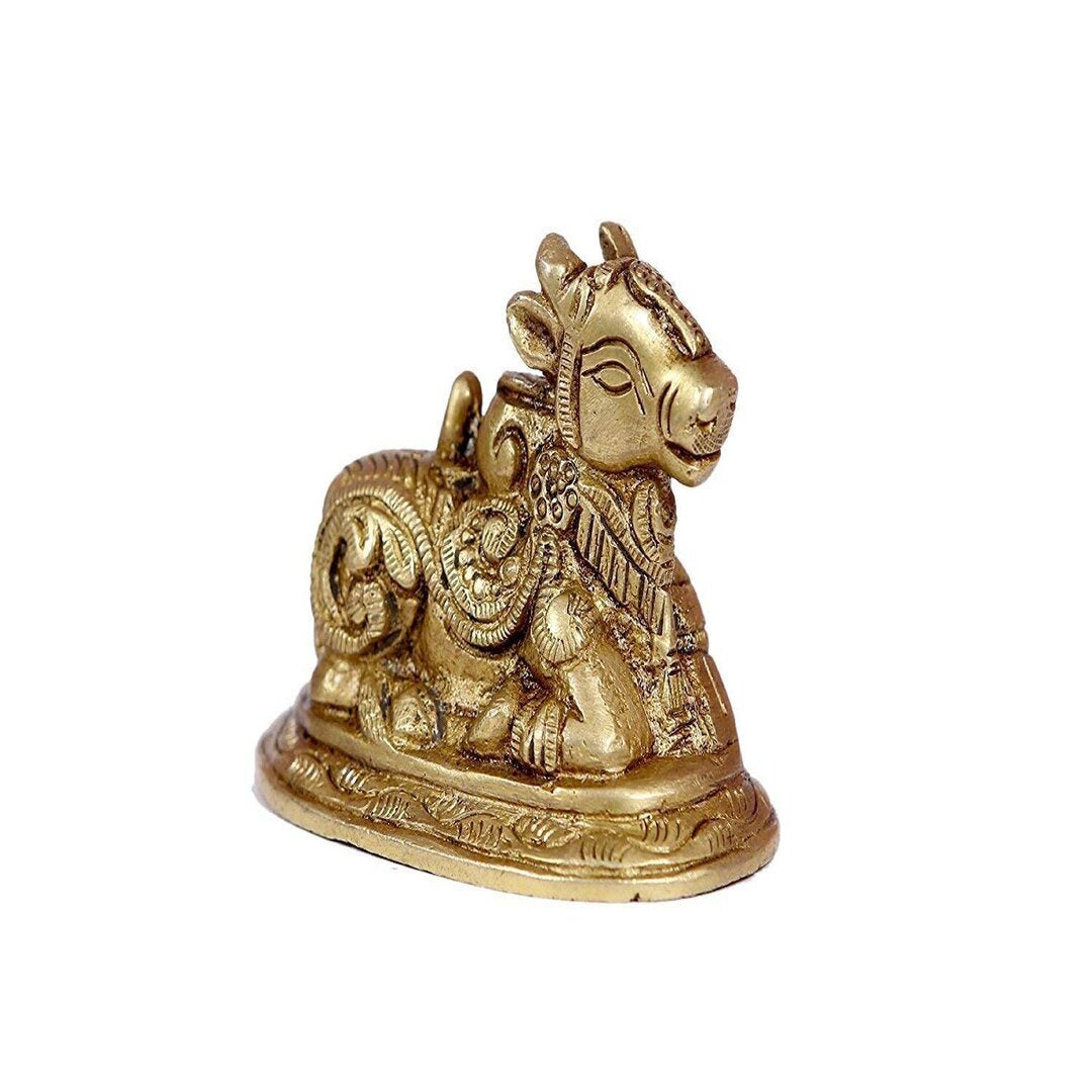 Gold Brass Beautifully Carved Nandi Ji Sculpture Ride Of Shiva Bull Statue, 7.5 Cm