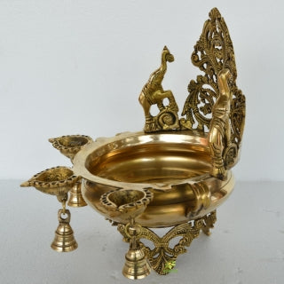 Peacock Diya and Bell Decorative Urli Side View