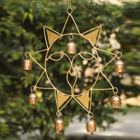 Rustic 6 Metal Bells Sun Design Windchime