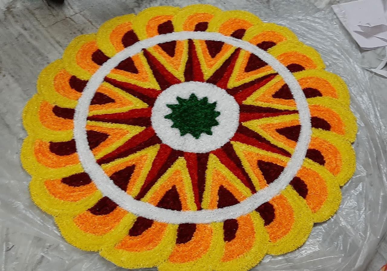 Vibrant Yellow with Red, Orange and White Floral Rangoli Mat - ArtyCraftz